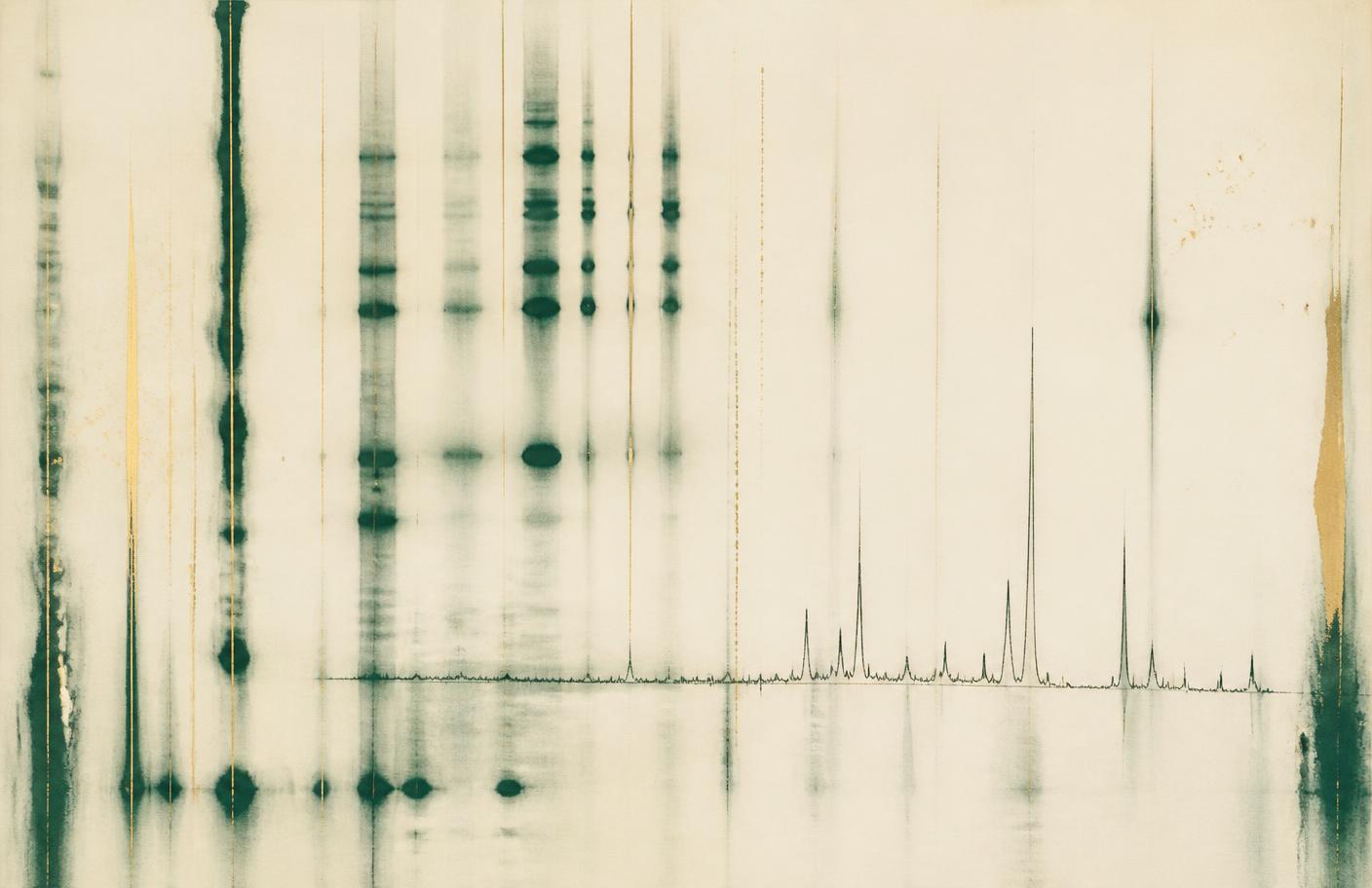 Abstract chromatographic bands and mass-spectrometry peak traces in green ink on cream paper