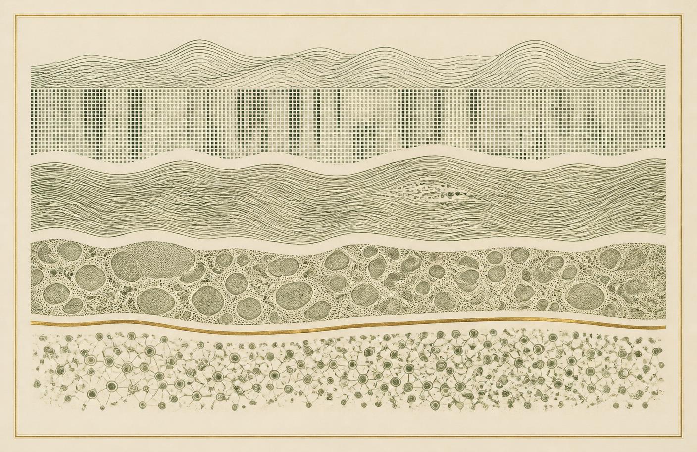 Engraved illustration of stacked molecular strata representing genomics, transcriptomics, proteomics and metabolomics