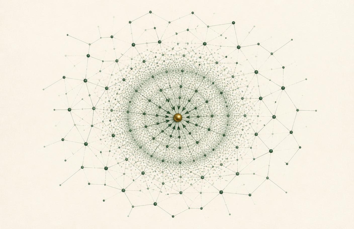 Diagram of a random walk with restart diffusing through a sparse graph toward a single brass-coloured node